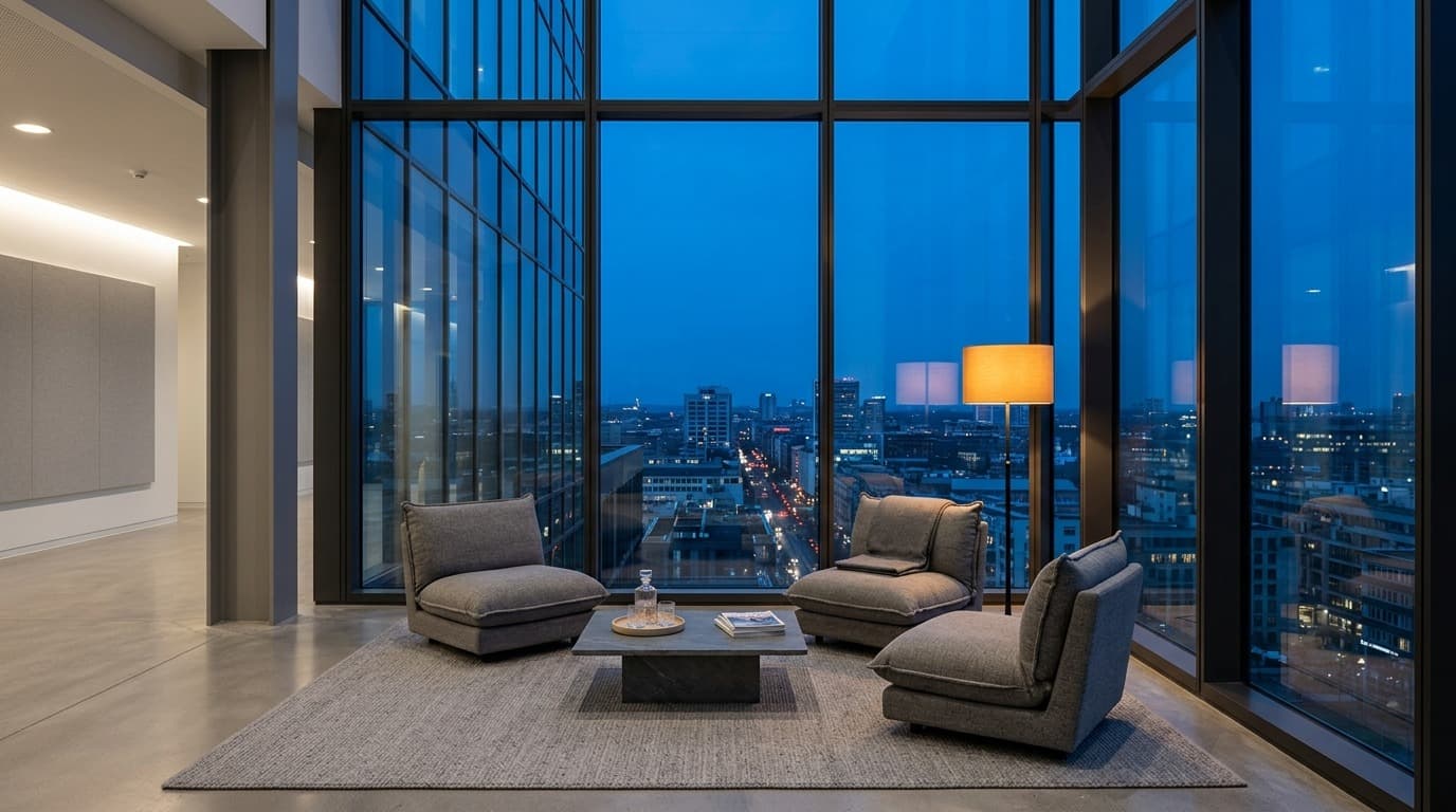 A quiet seating corner in an office lobby at dusk