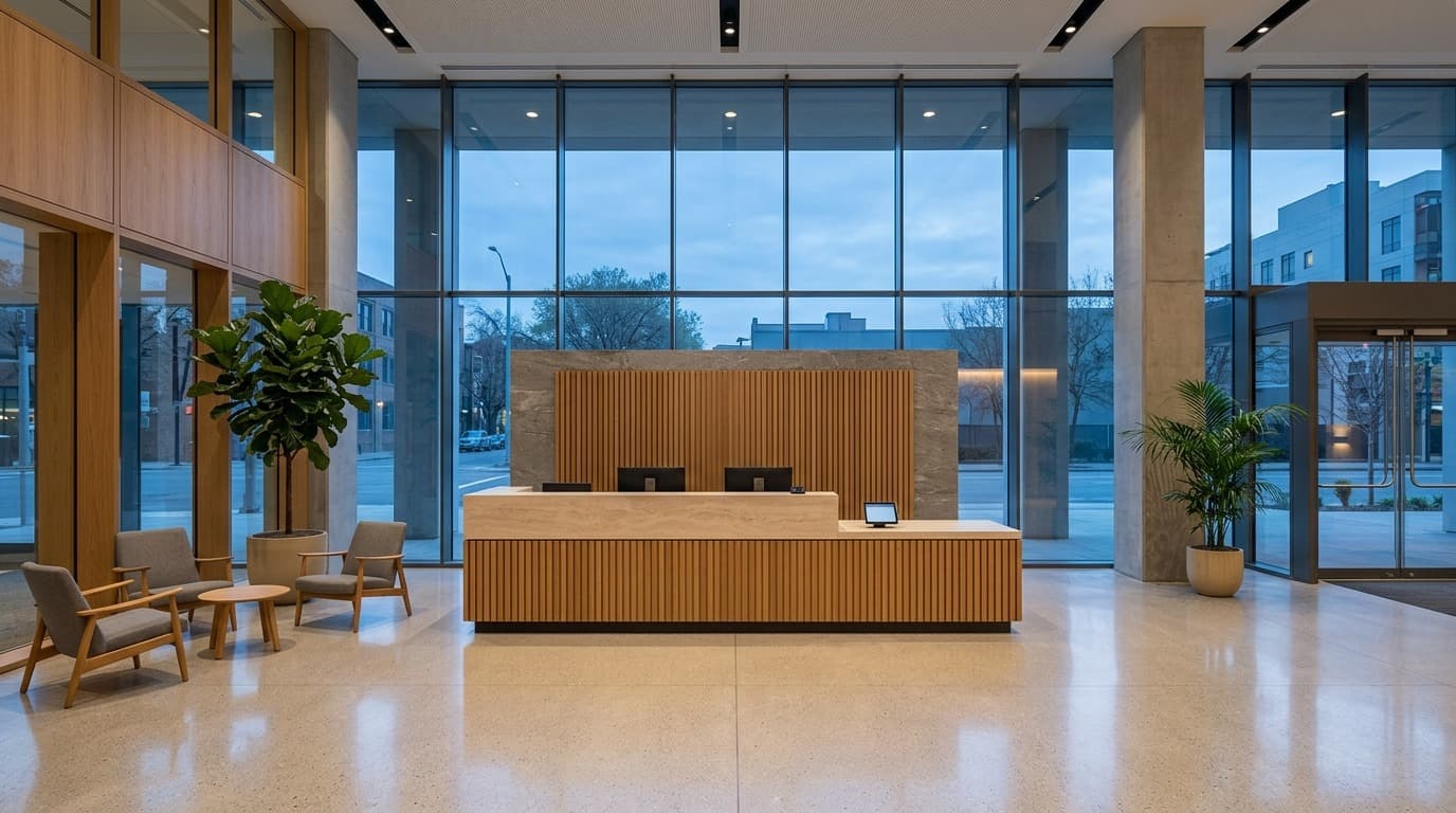 The front desk of a multi-tenant office lobby