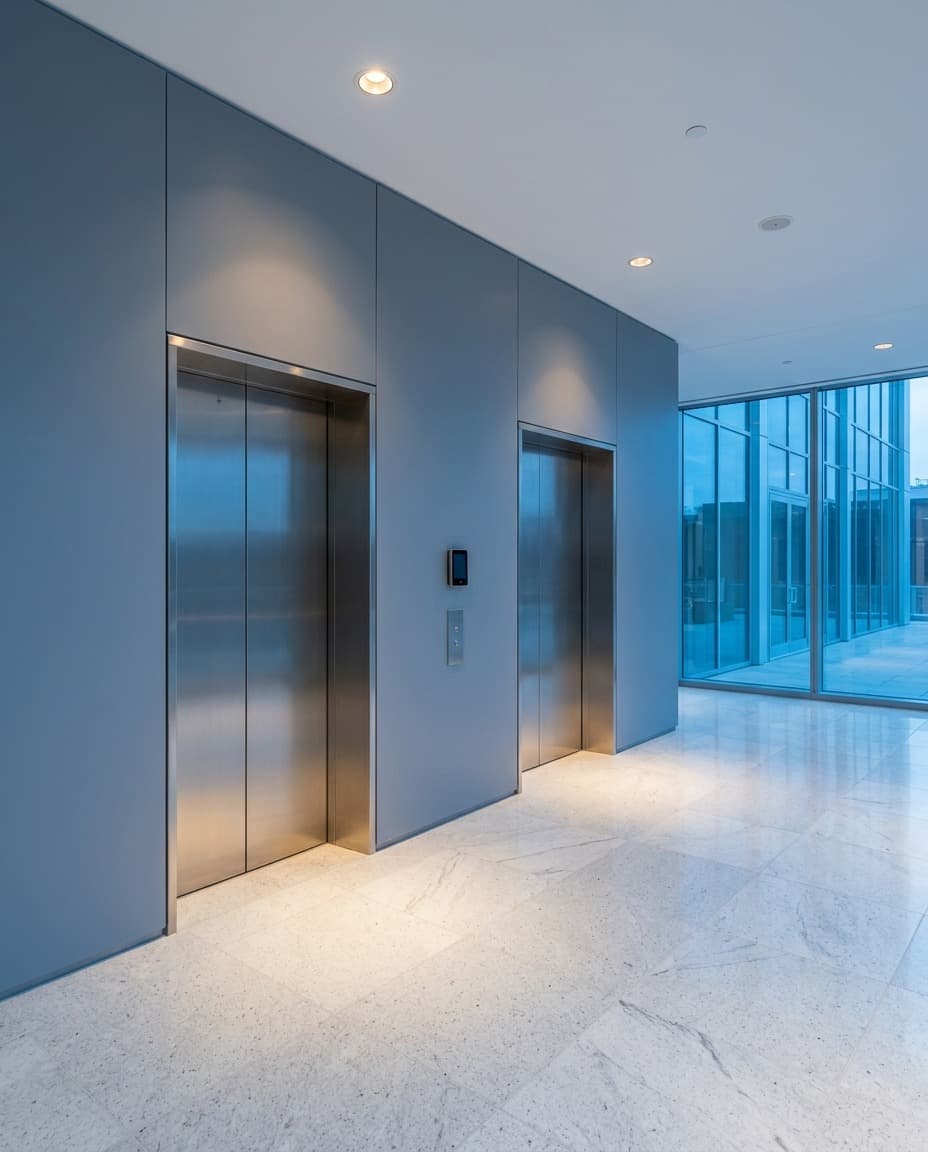 An elevator lobby with an access reader beside the call button