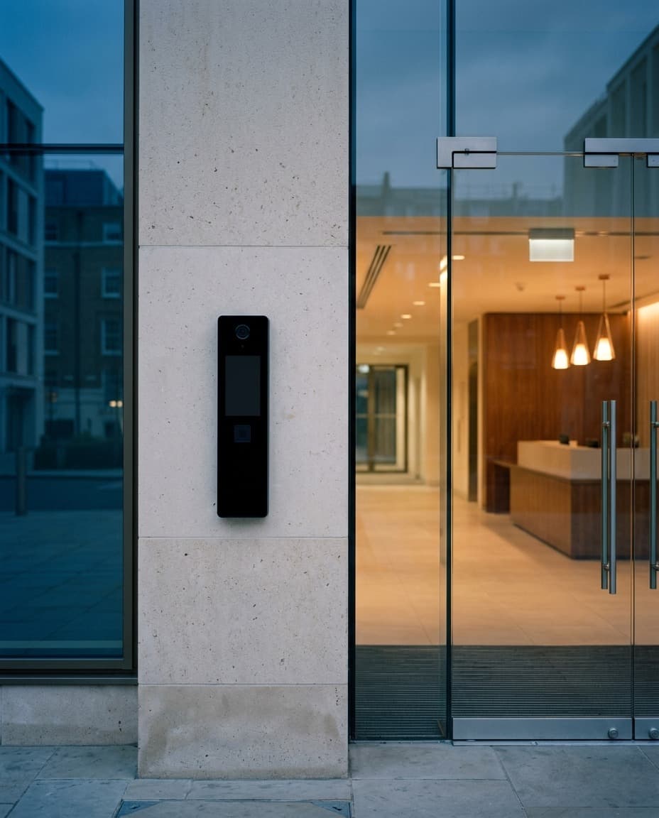 A video access reader beside a glass office door at dusk
