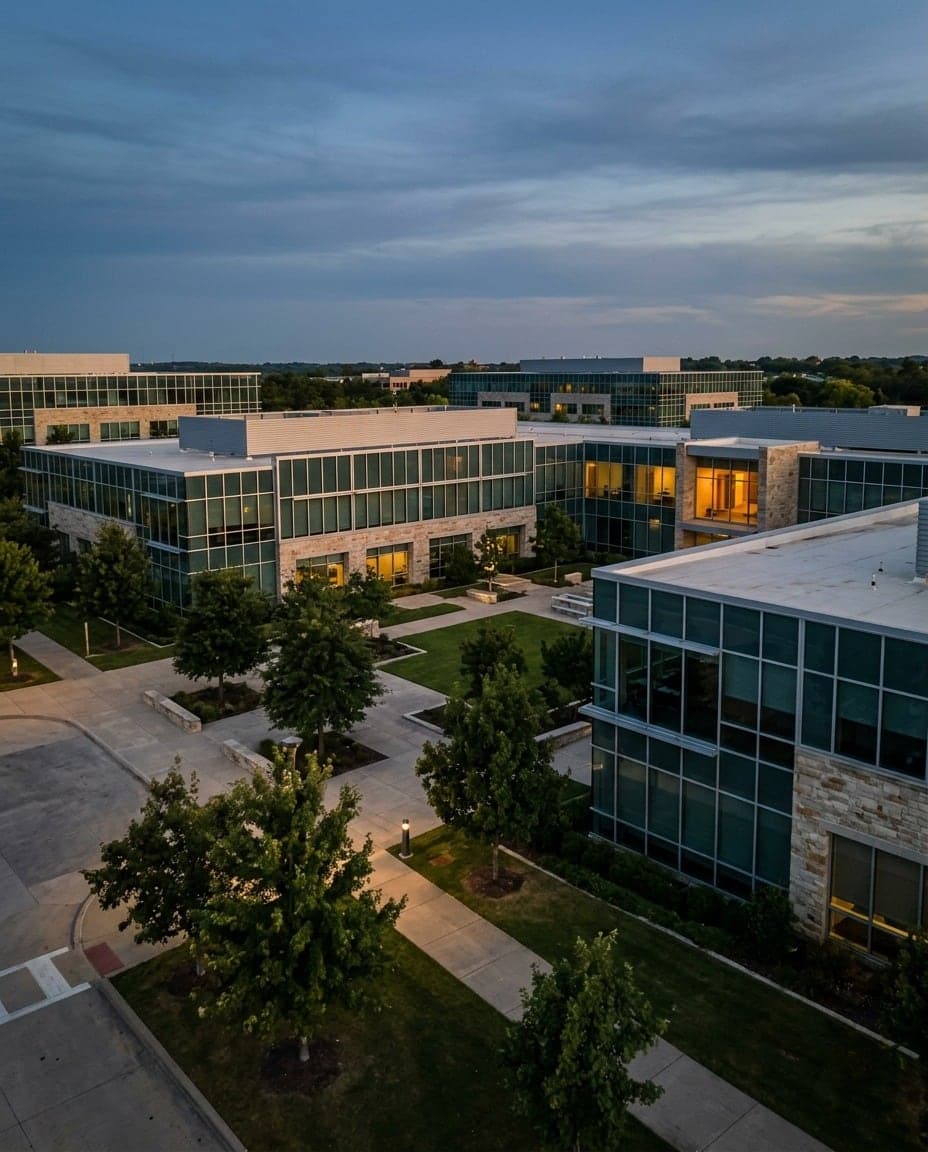 A campus of office buildings around a courtyard